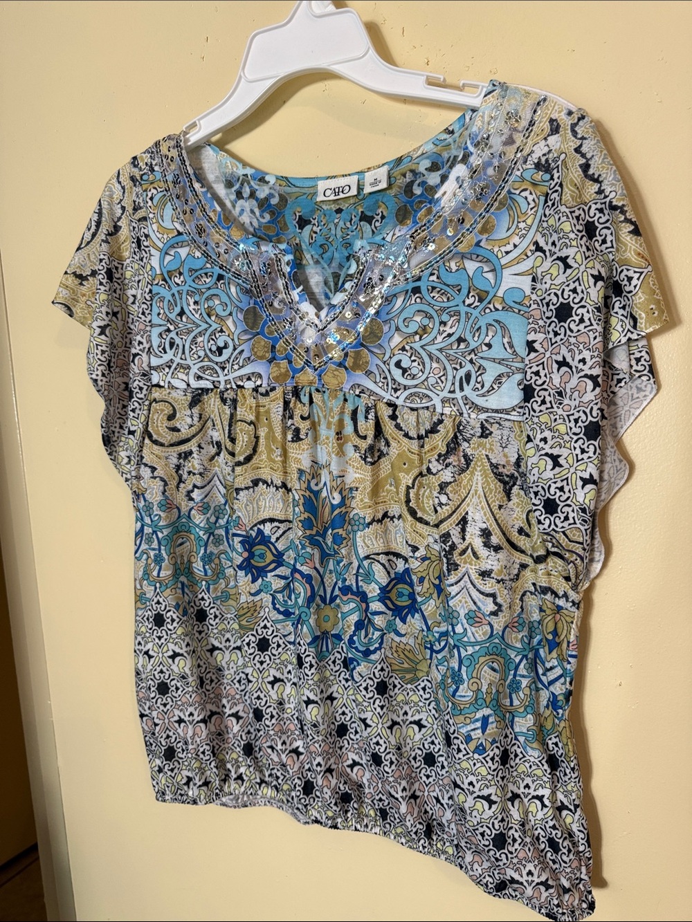 Cato Blue Gold Multi-Print V-Neck Embellished Tunic
